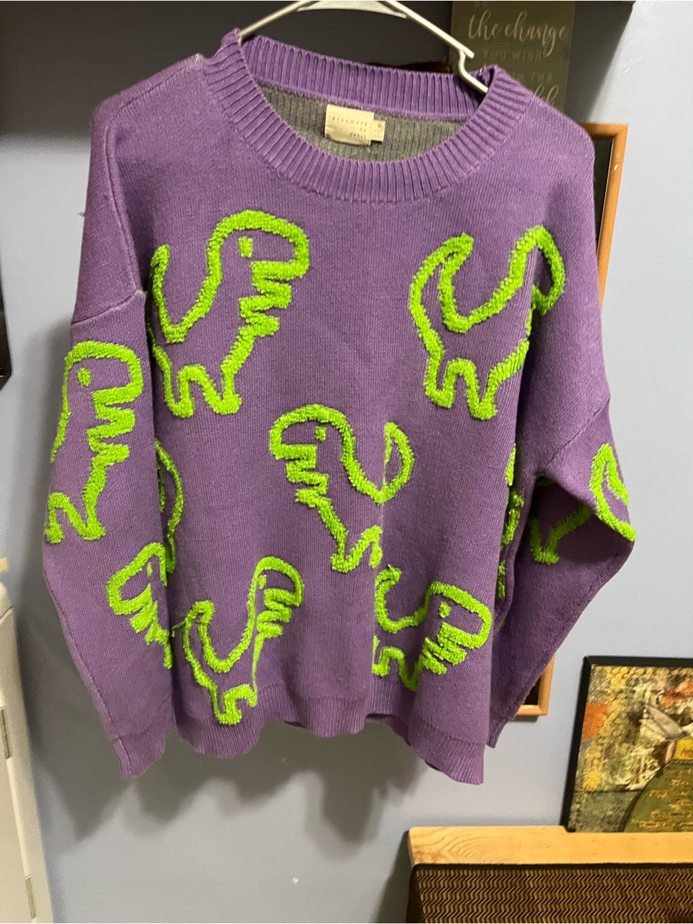 Purple Crewneck Sweater with Green Dino Appliqués
